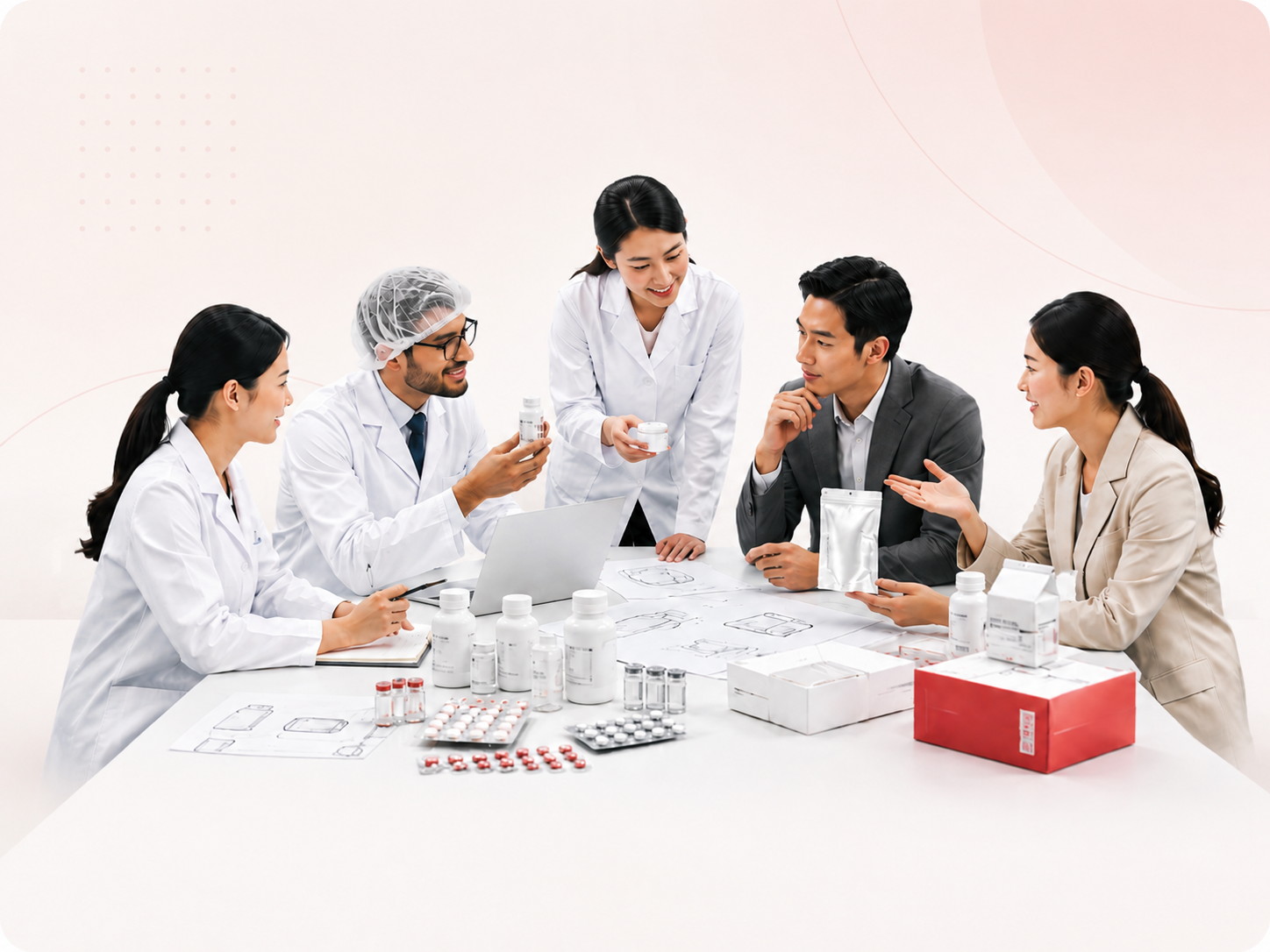 Research and development team reviewing product and packaging work